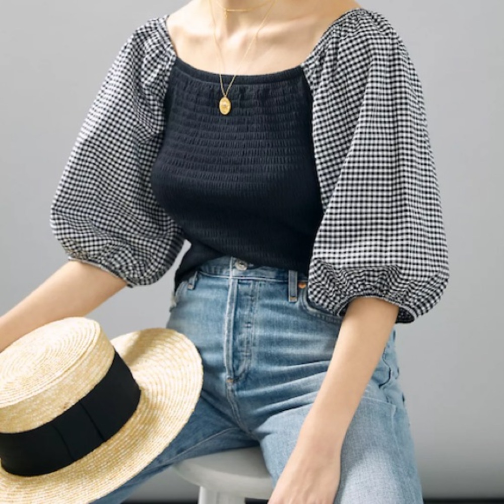 Anthropologie Black Smocked Top with Gingham Puff Sleeves
